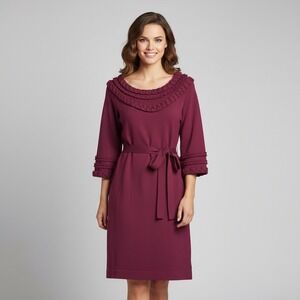 Diane von Furstenberg Wool Dress Burgundy 3/4 Sleeves Ruffled Collar Knit Medium